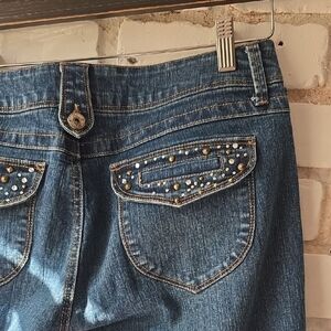 Y2K jolt Dark Blue bootleg Jeans with Studded Pockets EMBELLESHED